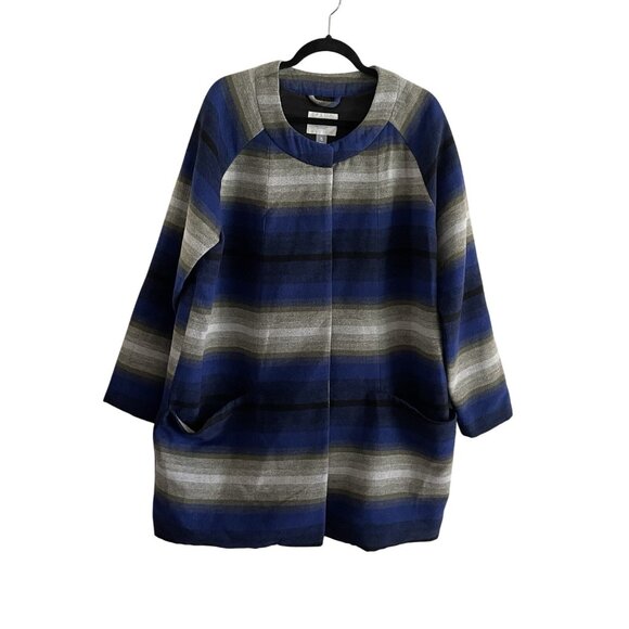 Old Navy Women XL Blue Striped Wool Blend Collarless Longline Blanket Coat NWT - Picture 2 of 14